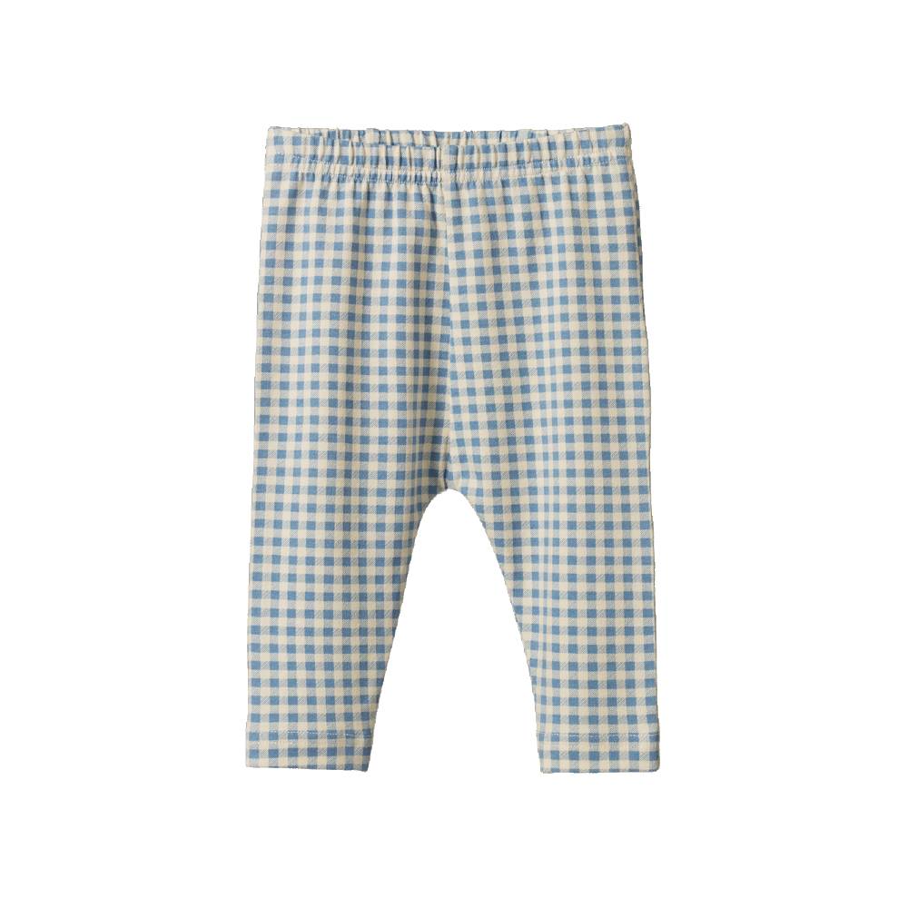 A pair of baby pants featuring a light blue and white gingham checkered pattern, displayed flat against a solid white background.