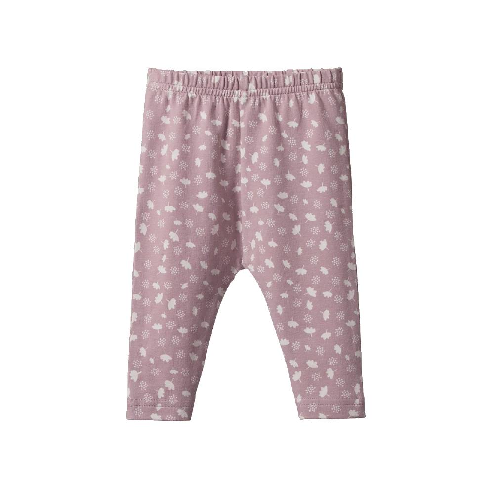 A pair of baby leggings in dusty pink with a white dandelion pattern, featuring an elastic waistband and leg openings, shown against a plain white background.