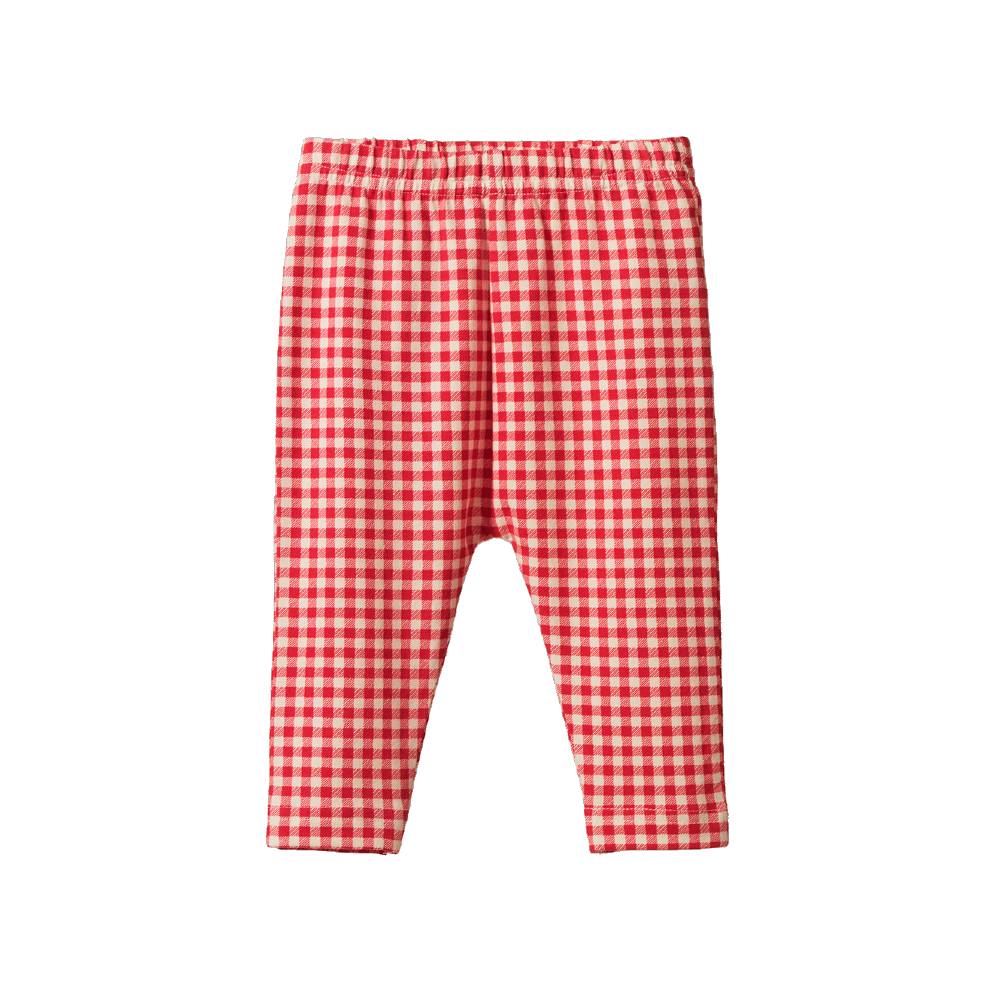 Red and white gingham checkered leggings with an elastic waistband, shown flat against a solid white background.