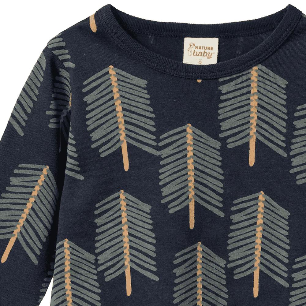 Cotton Navy blue sweater with green and beige tree pattern and 'Nature Baby' label on a white background