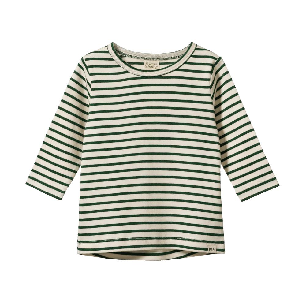 Nature Baby Green and white striped long-sleeve shirt on a white background