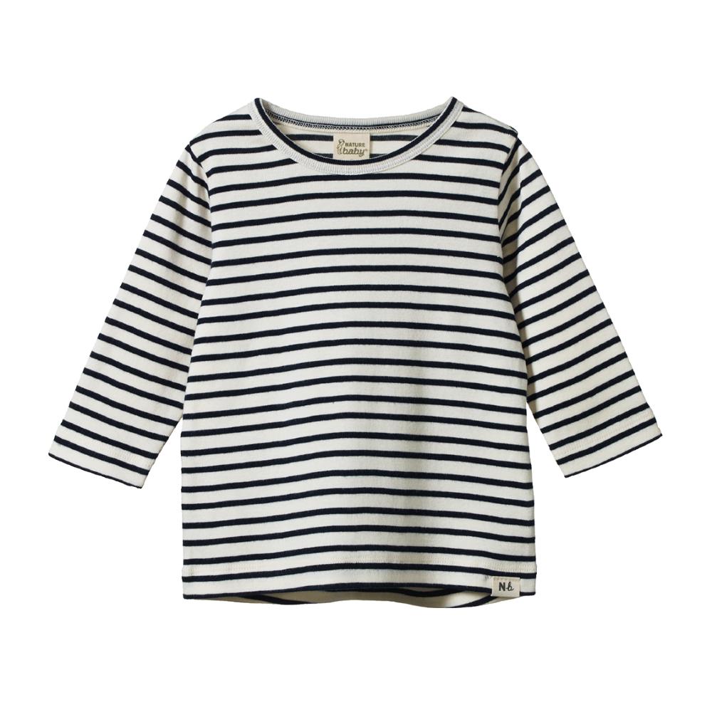 Navy/white striped longsleeve shirt on a white background 