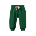 Cotton Green baby trackpants with cuffs and a beige drawstring on a white background