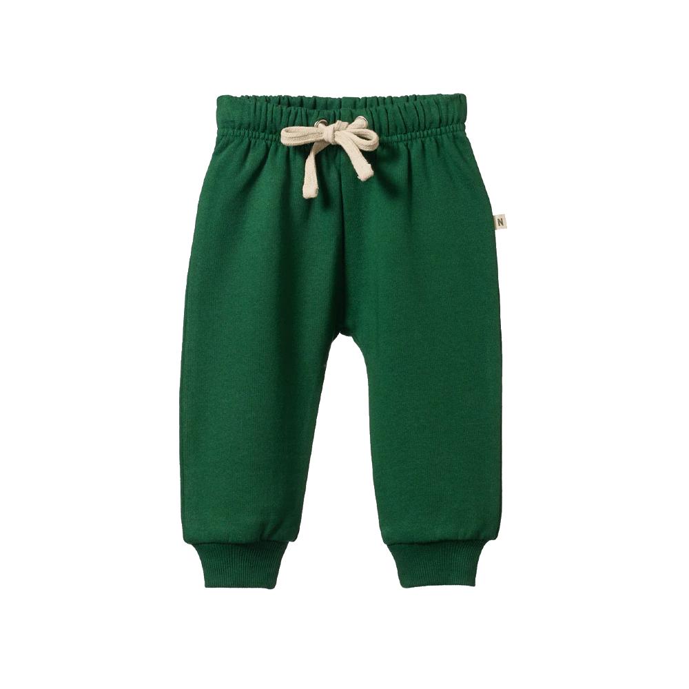 Cotton Green baby trackpants with cuffs and a beige drawstring on a white background