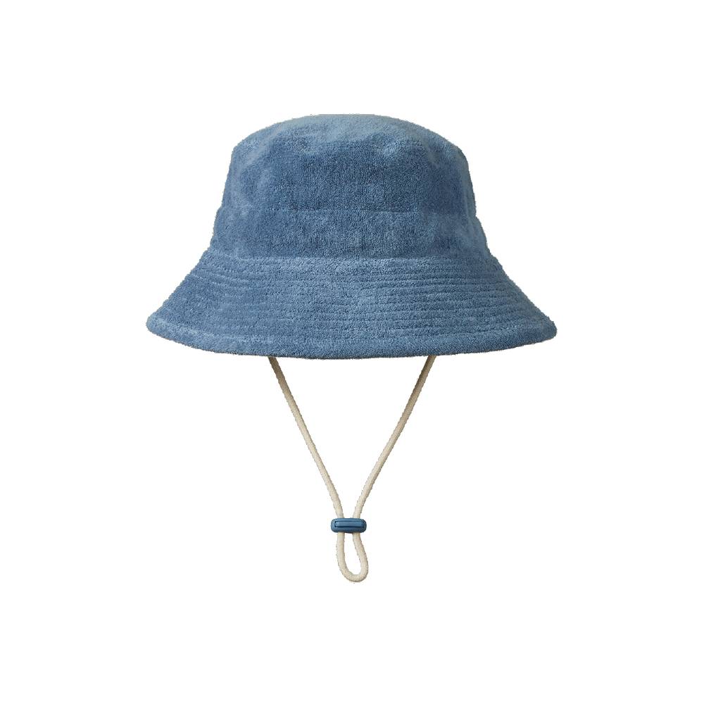 A dusty blue textured bucket hat with a cream-colored chin strap, shown against a plain white background.