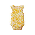 A baby sleeveless bodysuit with ruffled shoulders, featuring a yellow floral and leaf pattern on a cream background, shown against a plain white background.