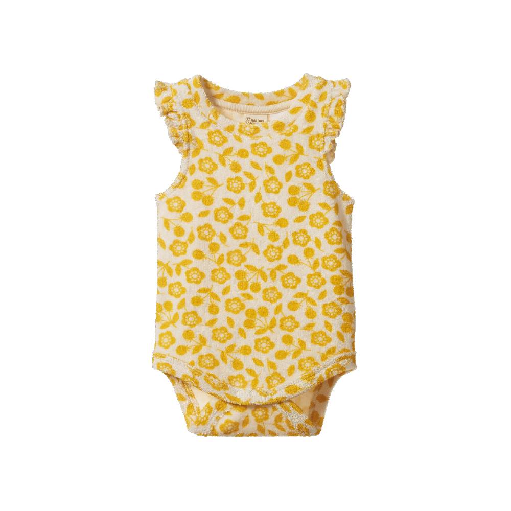 A baby sleeveless bodysuit with ruffled shoulders, featuring a yellow floral and leaf pattern on a cream background, shown against a plain white background.