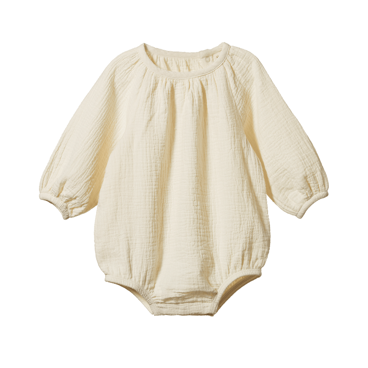 Beige baby bodysuit with long sleeves on a white background
