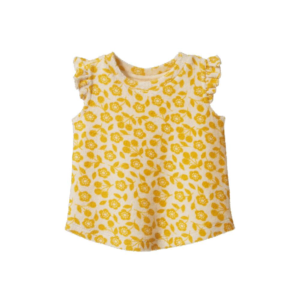 A toddler girl's sleeveless top featuring a yellow floral and leaf pattern on a cream background, with ruffled cap sleeves, shown flat on a white background.