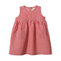 A sleeveless red and white gingham dress with a smocked bodice and front patch pockets, shown flat against a white background.