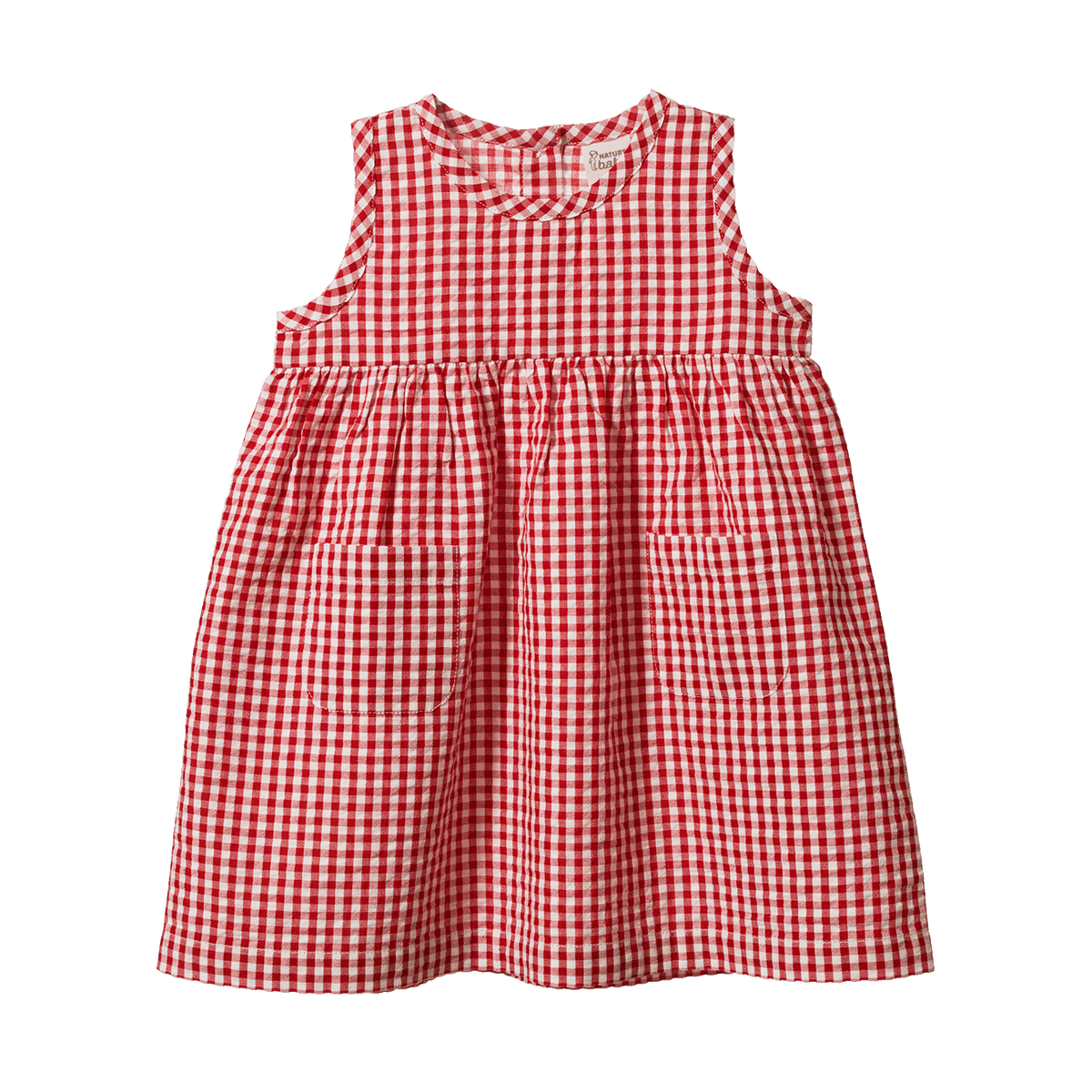 A sleeveless red and white gingham dress with a smocked bodice and front patch pockets, shown flat against a white background.