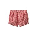 Red and white gingham check bubble shorts with a ruffled elastic waistband and leg openings, shown flat against a white background.