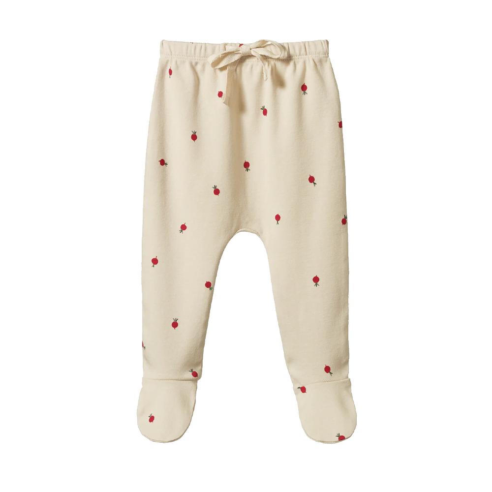 Cream footed cotton baby pants with small red radish print and cream waist tie on a white background 