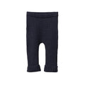Dark blue ribbed baby leggings with a folded knit cuff on a white background