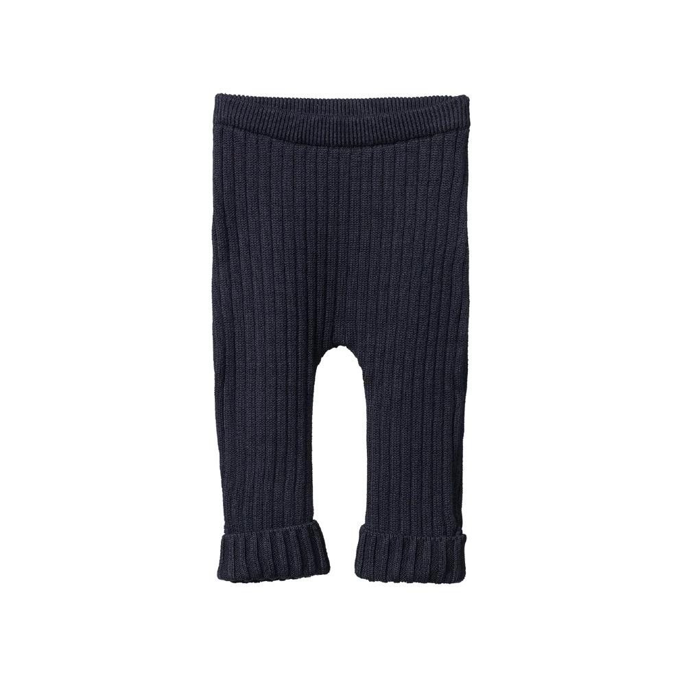 Dark blue ribbed baby leggings with a folded knit cuff on a white background