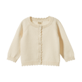 A cream-colored baby cardigan sweater with scalloped edges and a button-up front, shown against a plain white background.