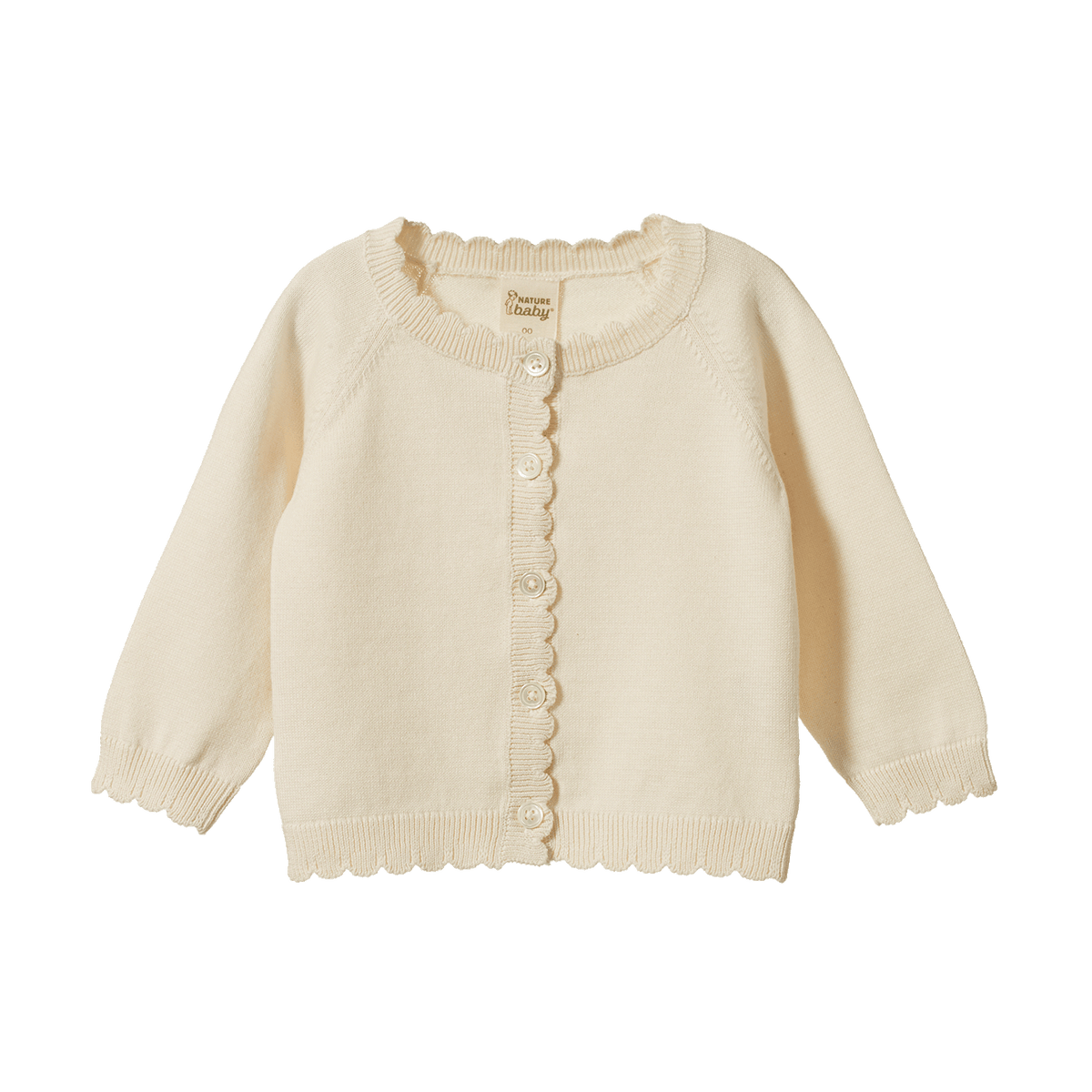 A cream-colored baby cardigan sweater with scalloped edges and a button-up front, shown against a plain white background.