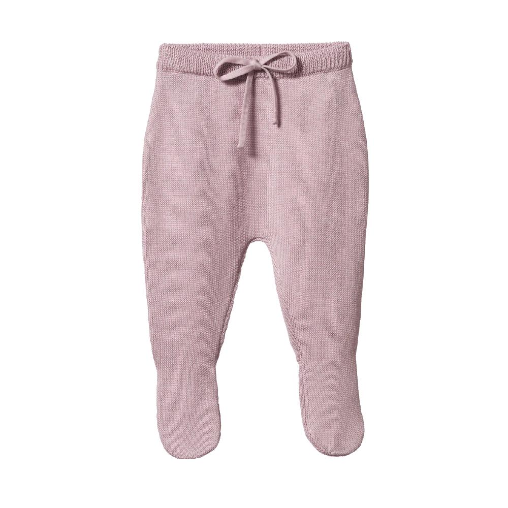 Lilac knitted baby pants with feet and a drawstring on a white background