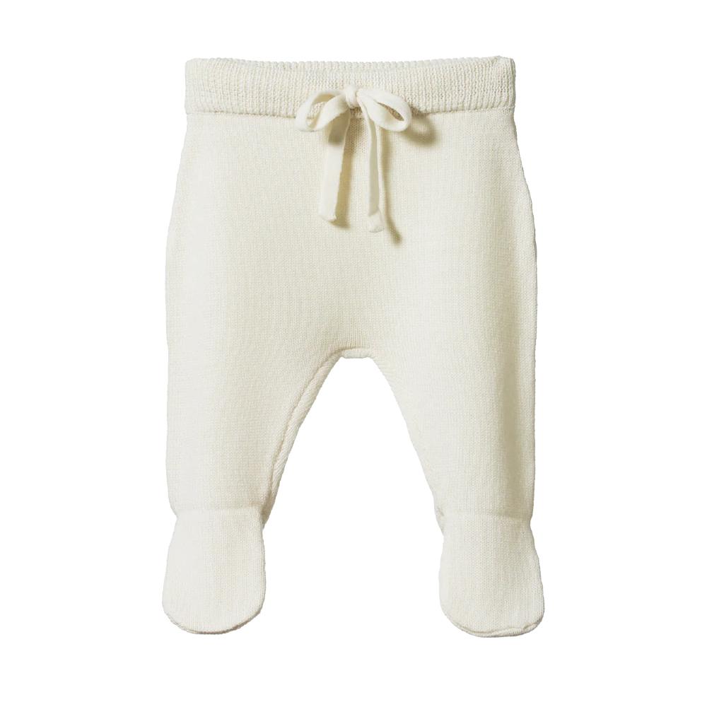 Cream knitted baby footed pants with a drawstring on a white background