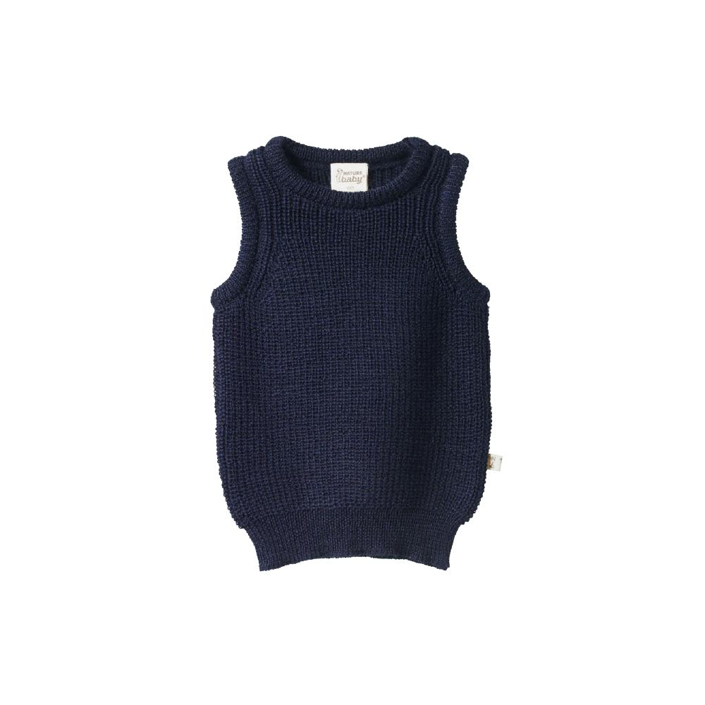 Navy blue merino wool knitted vest on a white background