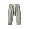 Grey Merino wool baby pants with a white drawstring on a white background