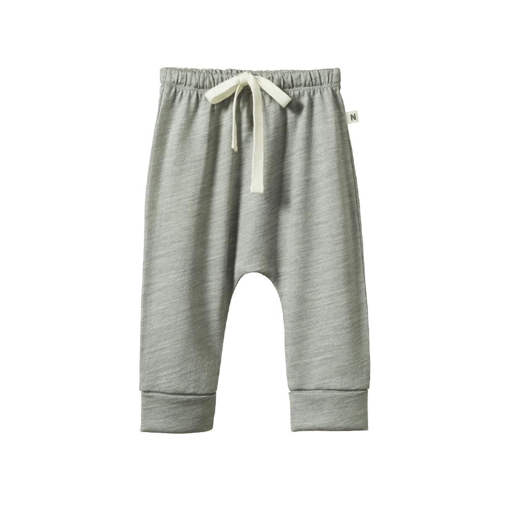 Grey Merino wool baby pants with a white drawstring on a white background