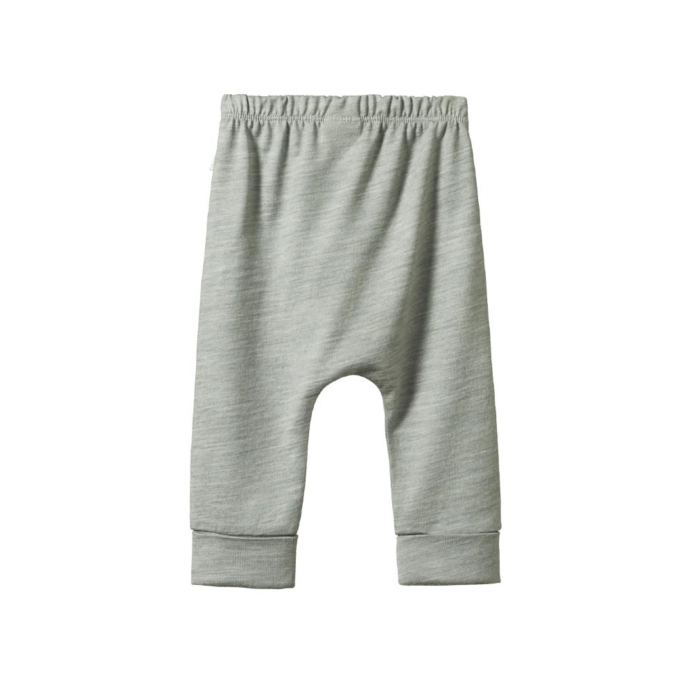 Back of grey merino wool baby pants with cuffs on a white background 