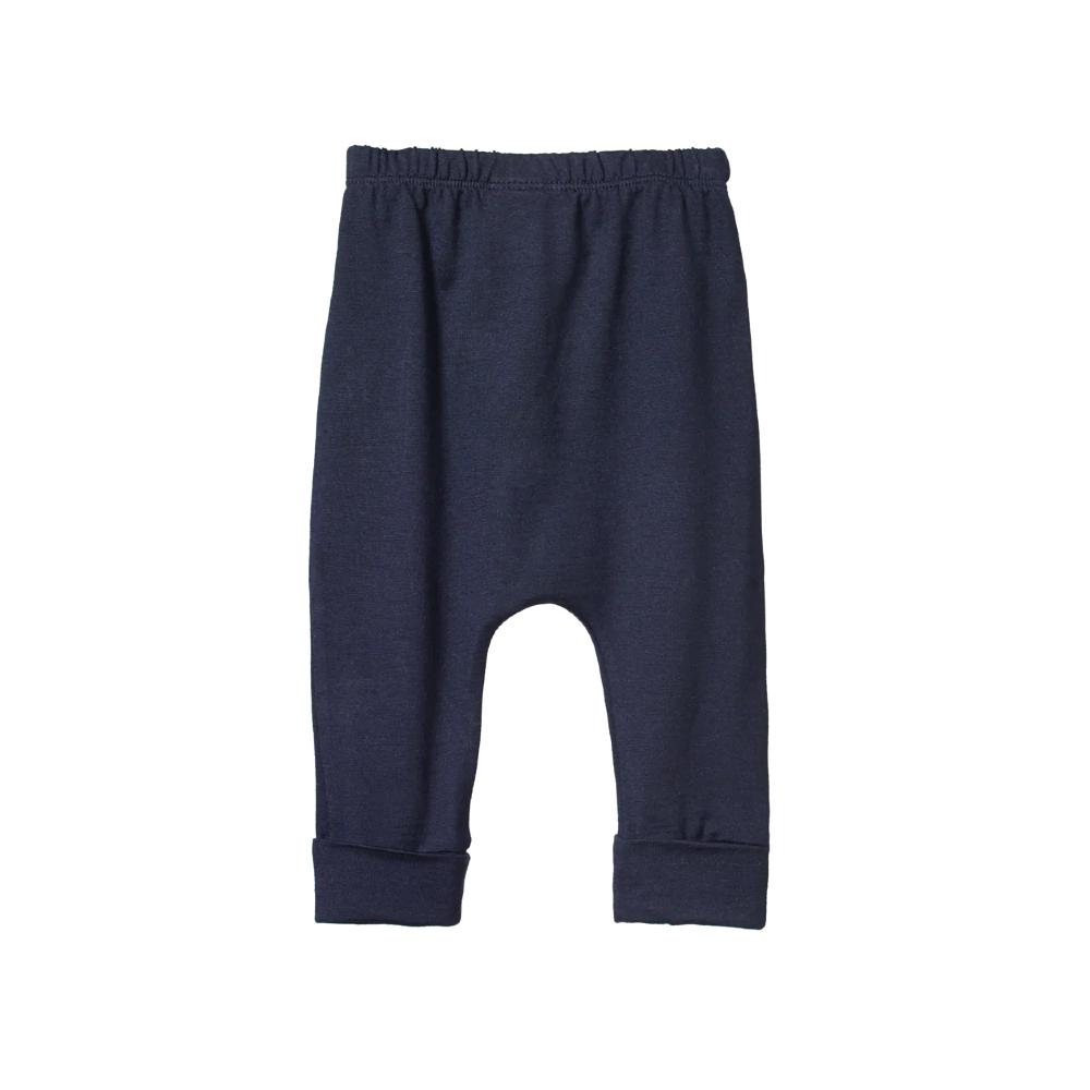 Merino wool navy blue baby pants on a white background