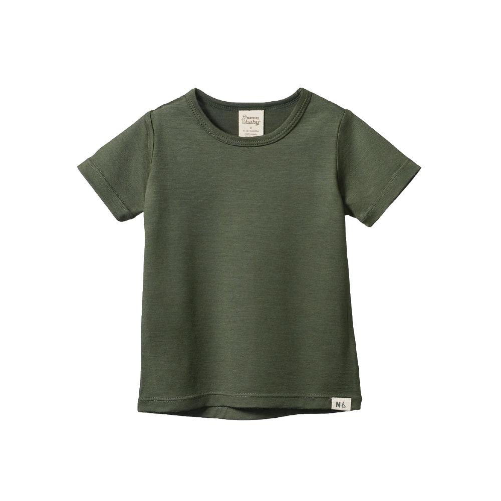Forest green merino wool t-shirt on a white background