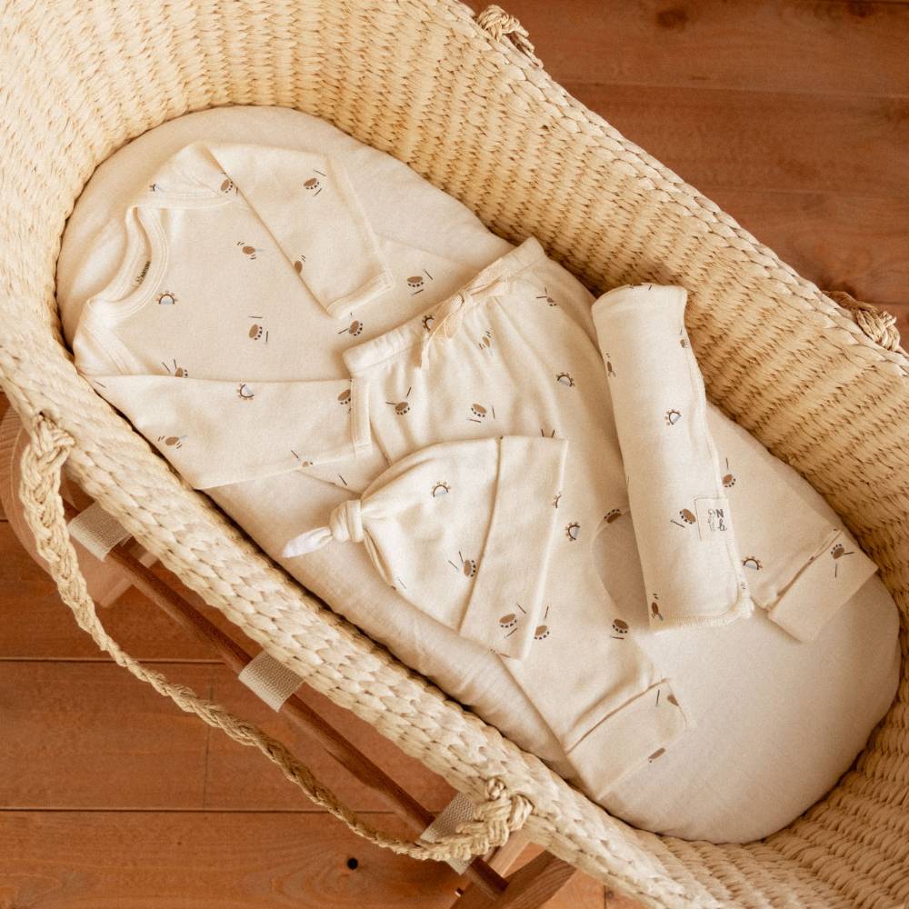 Essentials set including long sleeve bodysuit, swaddle wrap, beanie and leggings laid out in a baby moses basket. 