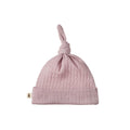 Lilac merino pointelle knit baby hat with a knot on a white background