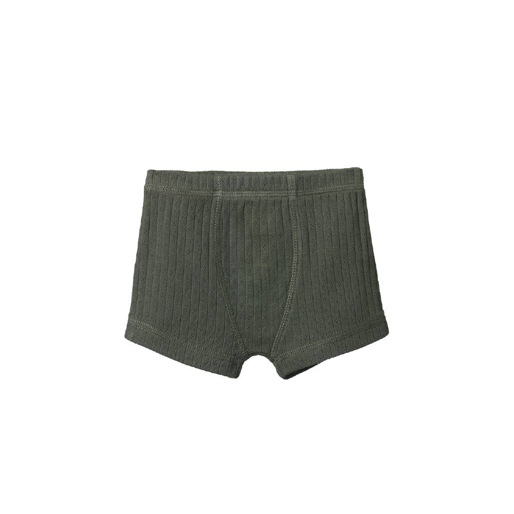 Thyme green pointelle boxer shorts on a white background. 