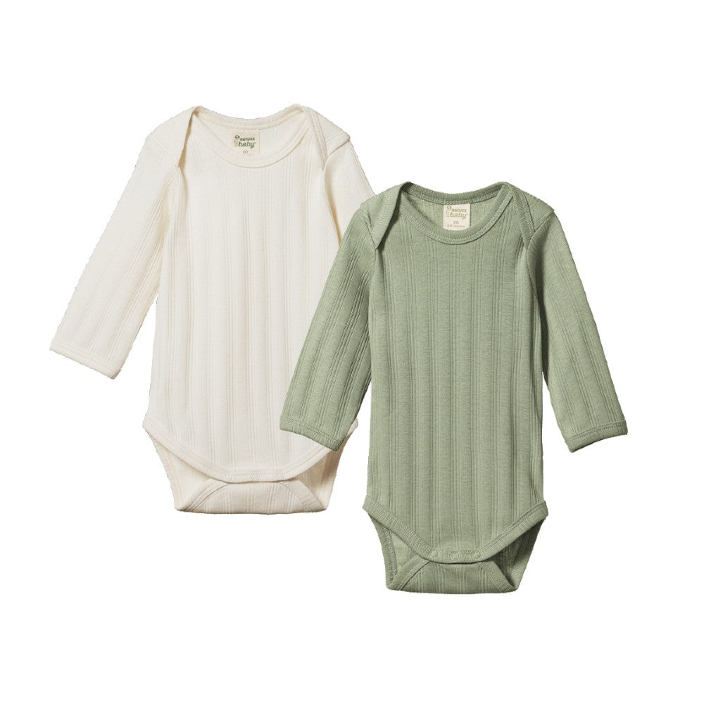 Cotton Derby Long Sleeve Bodysuit 2pk - Natural/Nettle