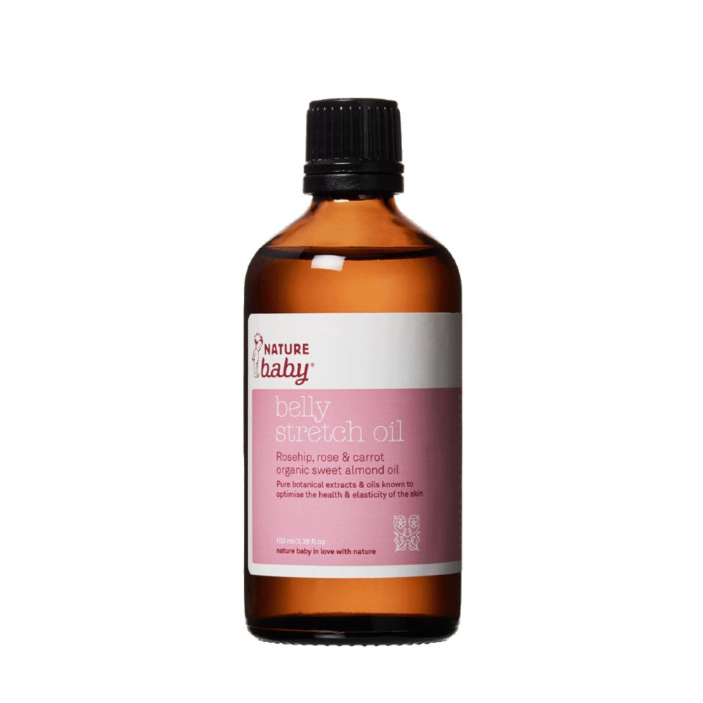 Brown glass looking bottle of Nature Baby belly stretch oil with pink and white branded sticker on a white background