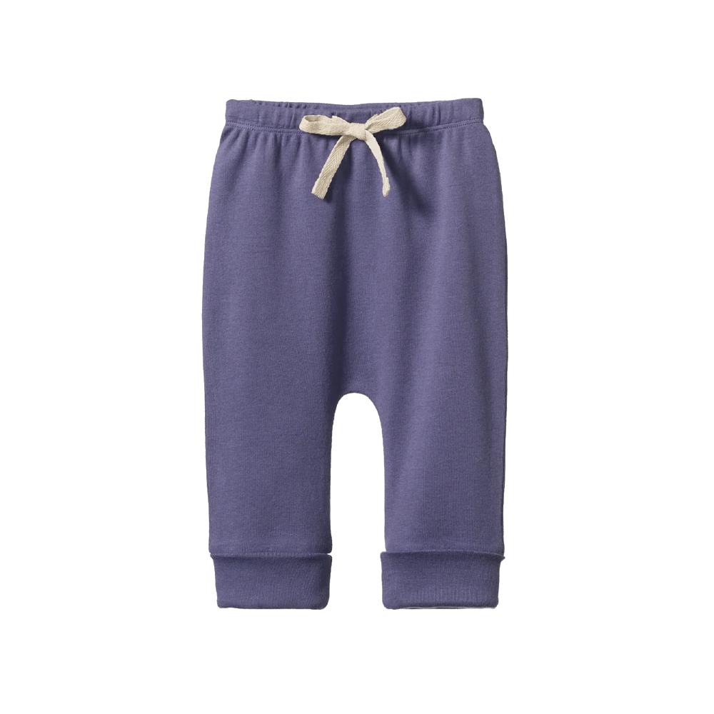 Blue nature baby cotton baby pants with a drawstring on a white background