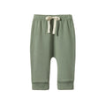 Green nature baby cotton baby pants with a drawstring on a white background