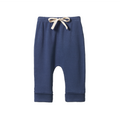 Navy blue baby pants with a beige drawstring on a white background