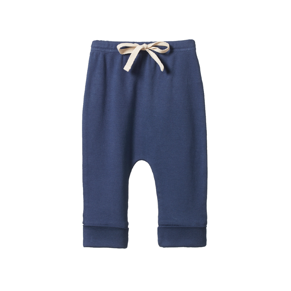 Navy blue baby pants with a beige drawstring on a white background