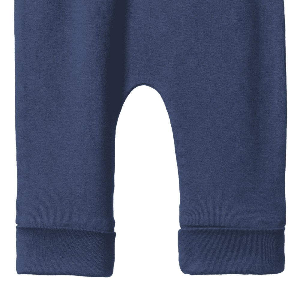 Close-up of blue baby pants with a white background