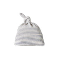 Grey and white Striped cotton baby hat with knotted top on a white background