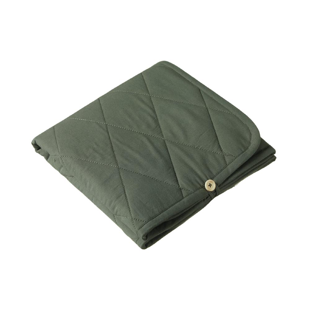 Folded forest green quilted change mat with button on a white background