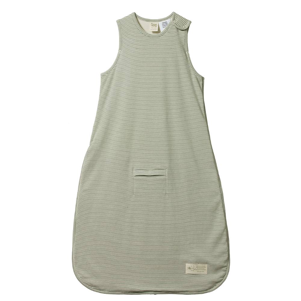 Thin Green striped cotton/merino baby sleeping bag on a white background
