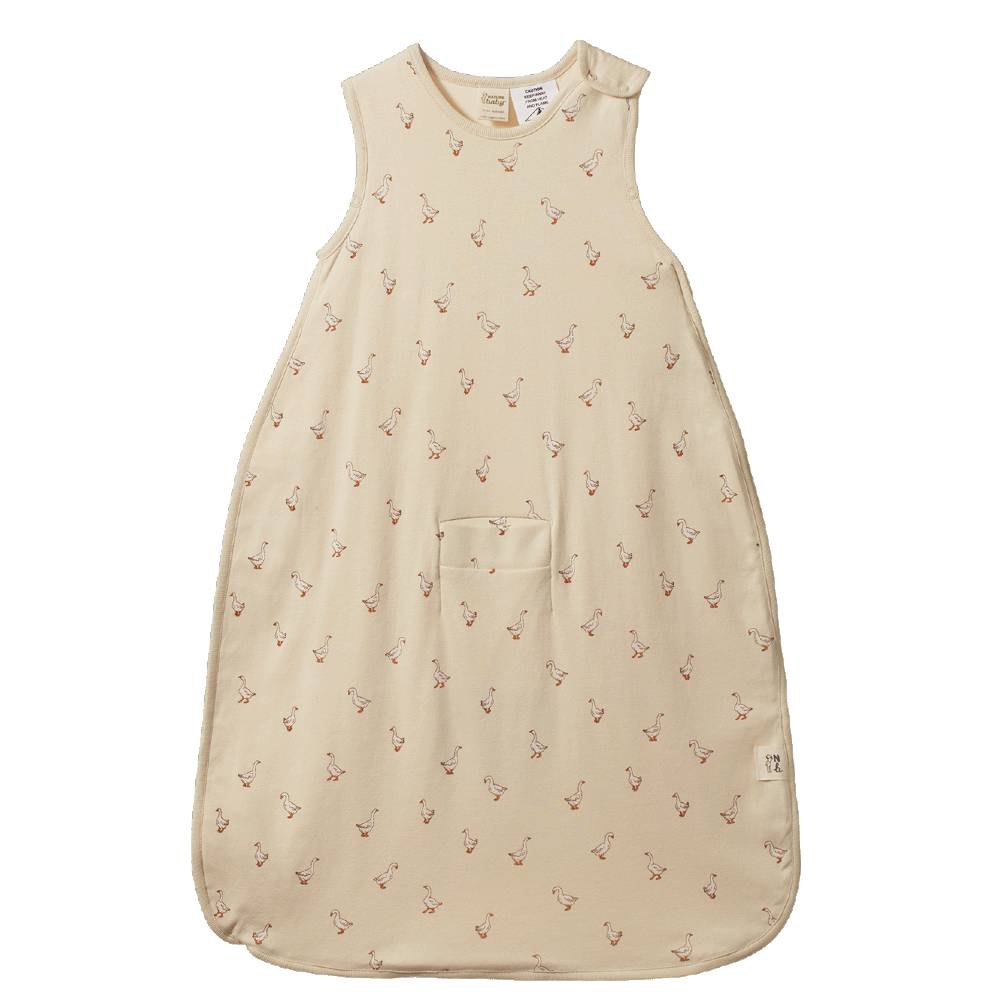 A sleeveless baby sleep bag in a warm beige color, featuring a small all-over print of geese, shown flat against a white background.