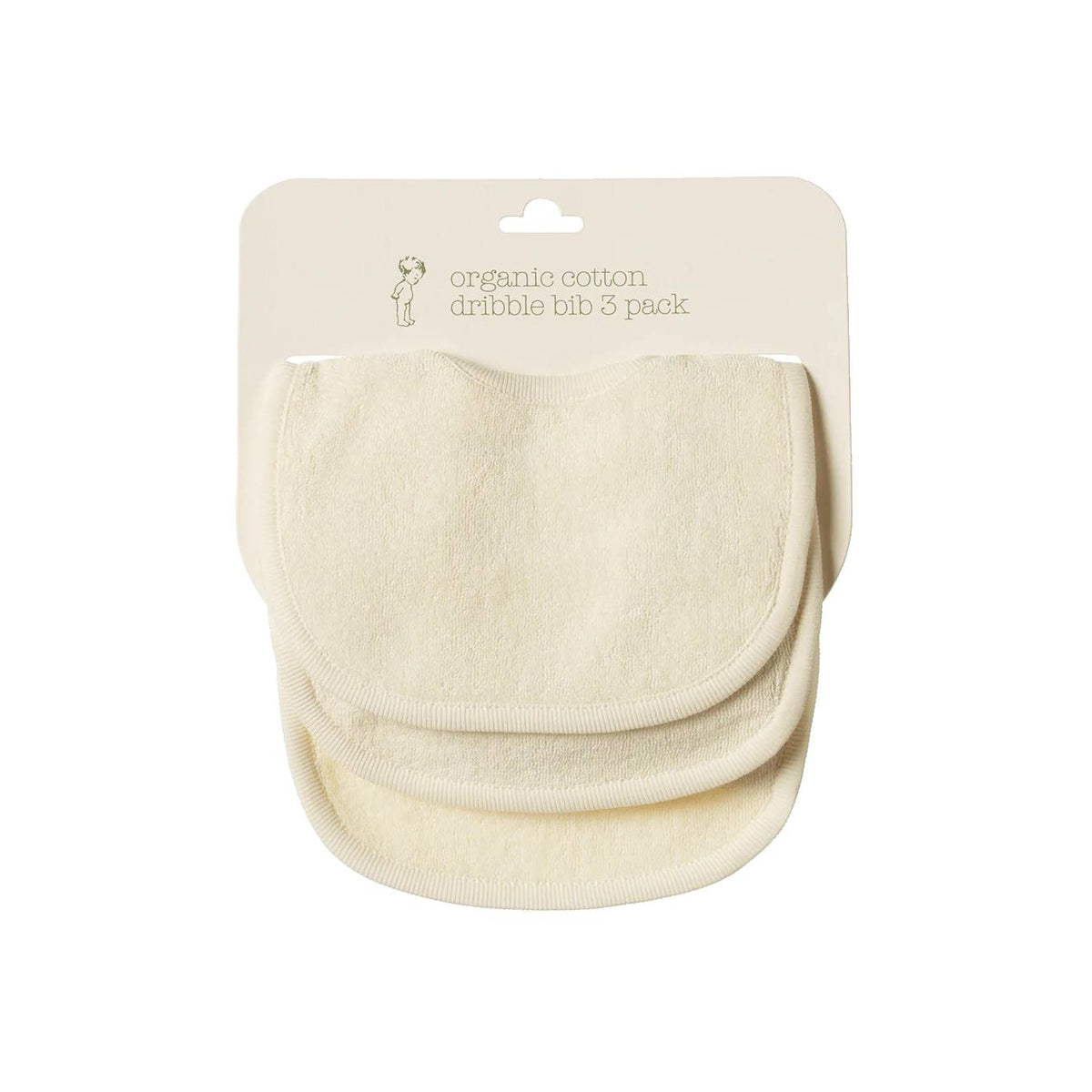 Three organic terry cotton dribble bibs in nature baby packaging on a white background