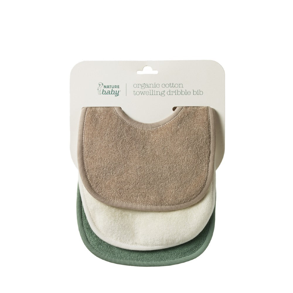 Three organic cotton towelling dribble bibs in beige, white, and green on a white background with 'Nature Baby' branding.