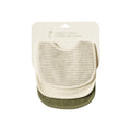 Three organic cotton towelling bibs in cream, green striped and khaki green on a white background