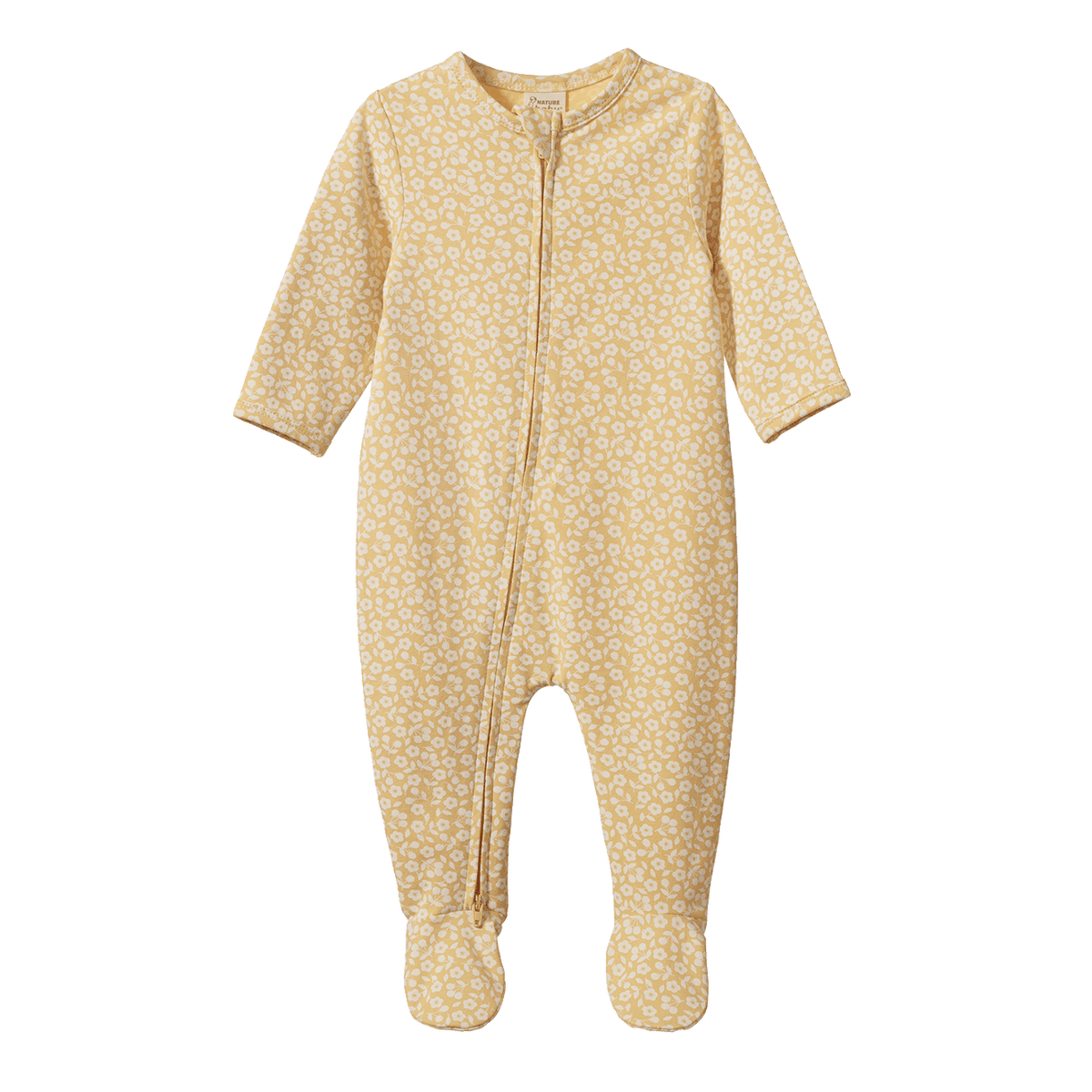 A baby footed sleeper in a pale yellow color with a white floral pattern, featuring a front zipper and long sleeves.