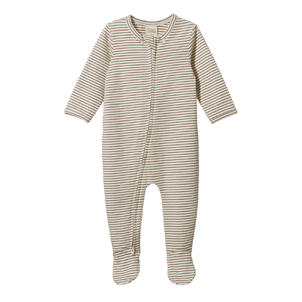 Brown and cream striped organic cotton jersey baby zip onesie with feet on a white background