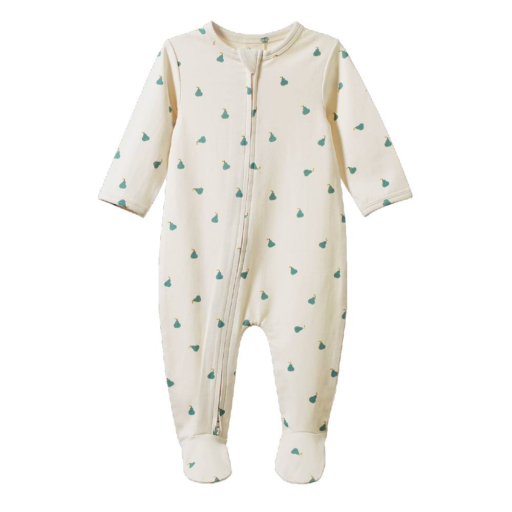 An off-white baby footed sleeper with a green pear pattern, featuring a front zipper closure.