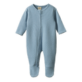 A light blue waffle-knit baby footed sleeper with a front zipper, shown against a plain white background.